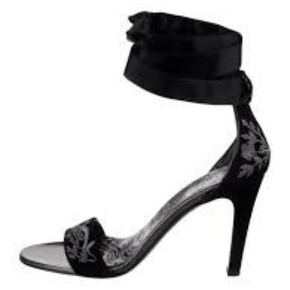 [Gucci] Black Embroidered Suede Open-Toe Ankle Ribbon Bow Tie Pumps Sz 7.5 - Picture 2 of 13